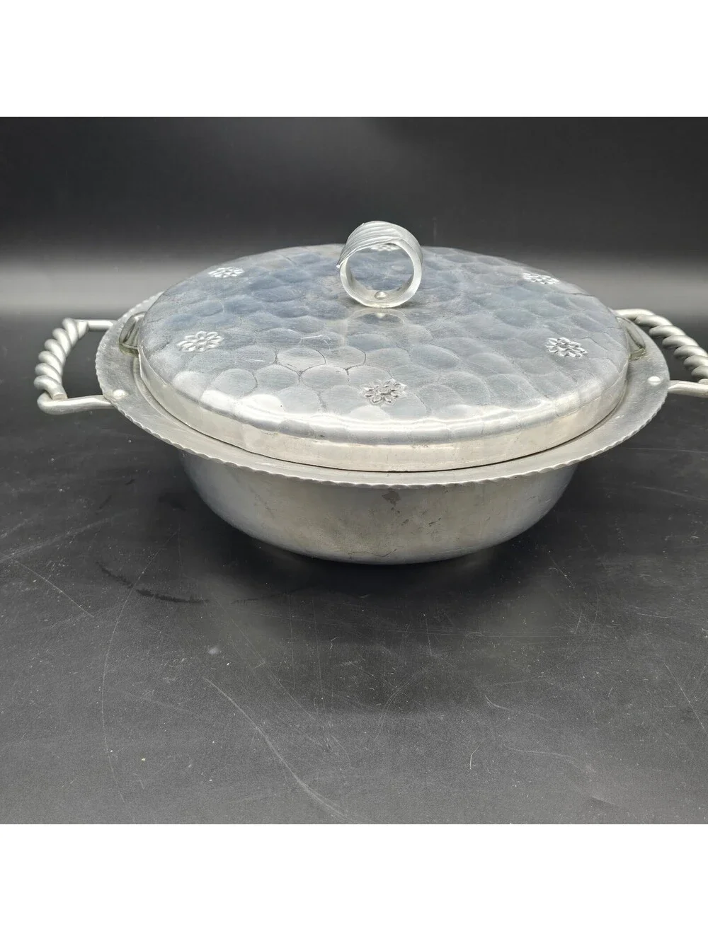 Mid Century Buenilum Hand Wrought Aluminum Covered Serving Dish Pyrex Insert